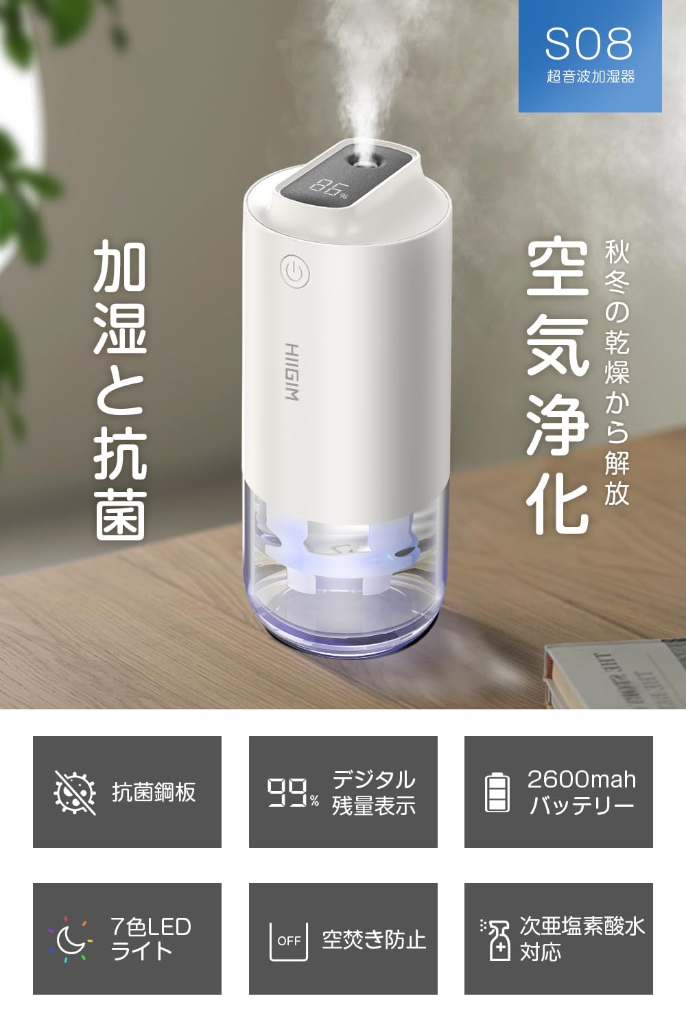 Amazon.co.jp: 加湿器 卓上 小型 超音波加湿器 【2025冬モデル&抗菌